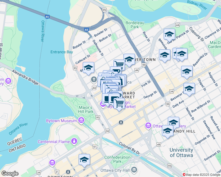 map of restaurants, bars, coffee shops, grocery stores, and more near 92 Clarence Street in Ottawa