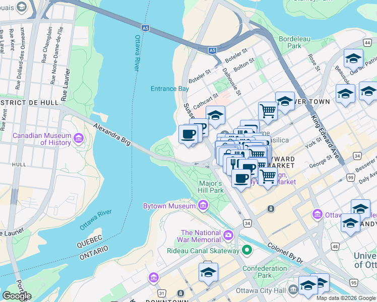 map of restaurants, bars, coffee shops, grocery stores, and more near 380 Sussex Drive in Ottawa