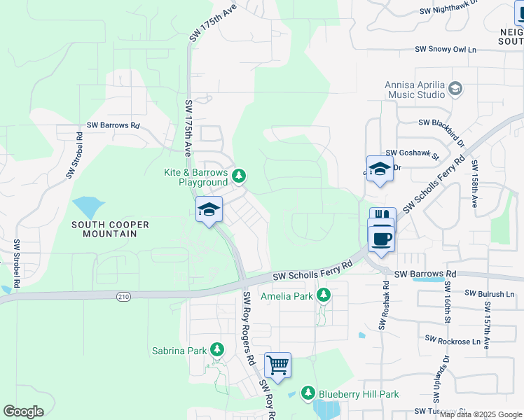 map of restaurants, bars, coffee shops, grocery stores, and more near 17115 Southwest Albatross Lane in Beaverton