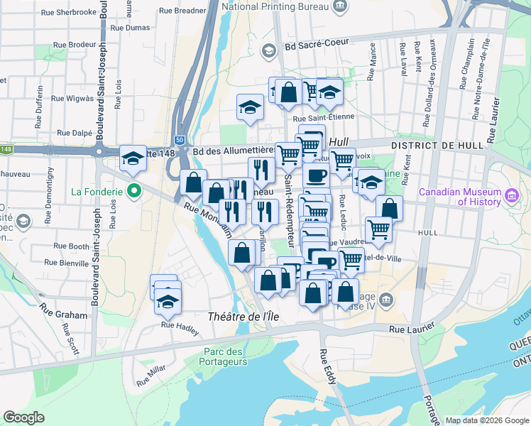 map of restaurants, bars, coffee shops, grocery stores, and more near 60 Rue de Carillon in Gatineau