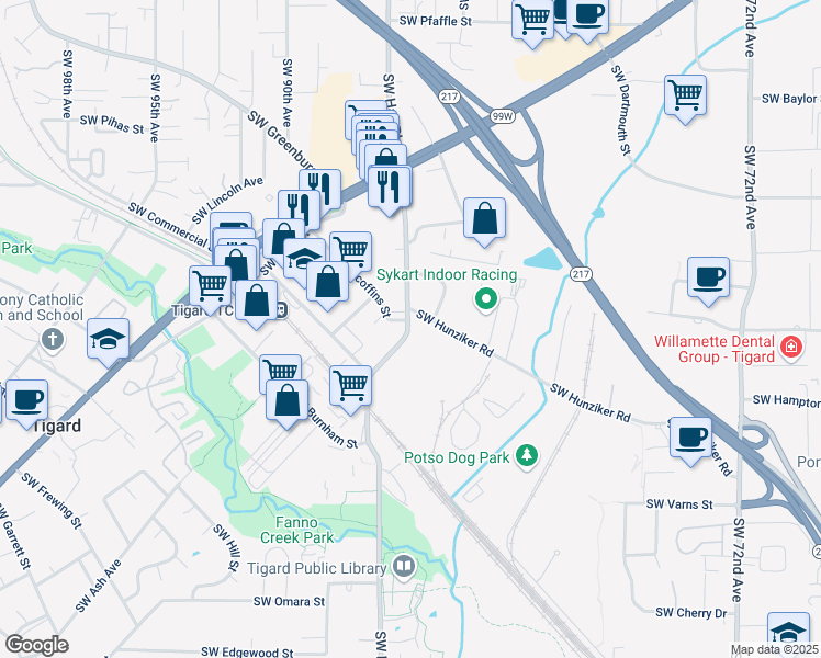 map of restaurants, bars, coffee shops, grocery stores, and more near 12560 Southwest Hall Boulevard in Tigard