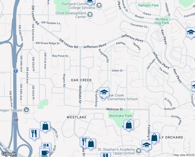 map of restaurants, bars, coffee shops, grocery stores, and more near 86 Kingsgate Road in Lake Oswego