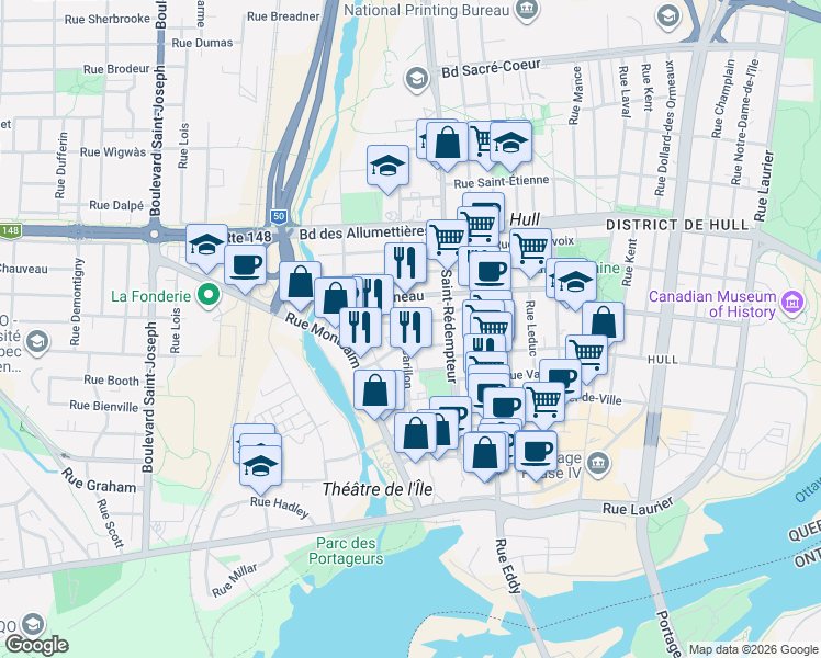 map of restaurants, bars, coffee shops, grocery stores, and more near 60 Rue de Carillon in Gatineau