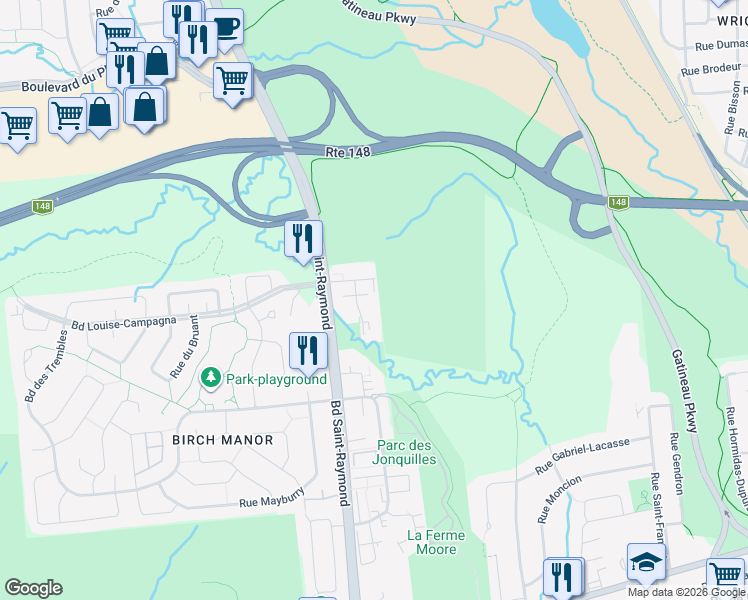 map of restaurants, bars, coffee shops, grocery stores, and more near 30 Rue des Noisetiers in Gatineau