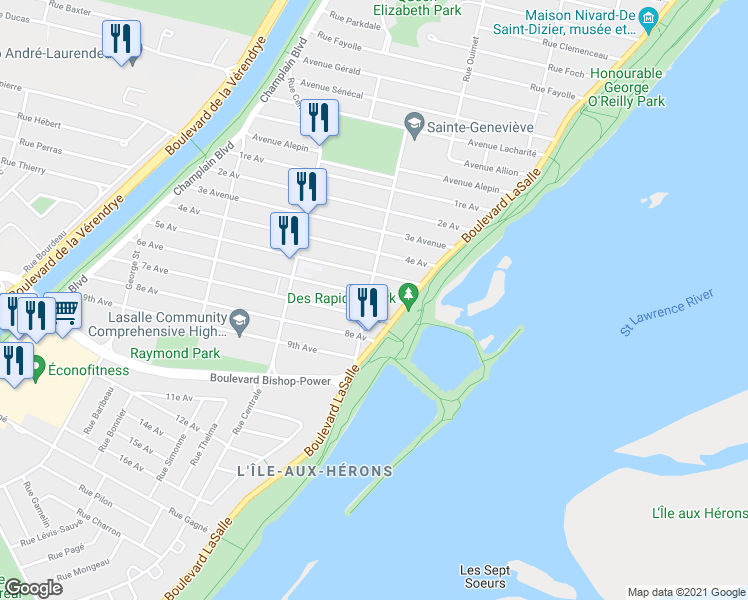 map of restaurants, bars, coffee shops, grocery stores, and more near 7688 Rue Édouard in Montréal