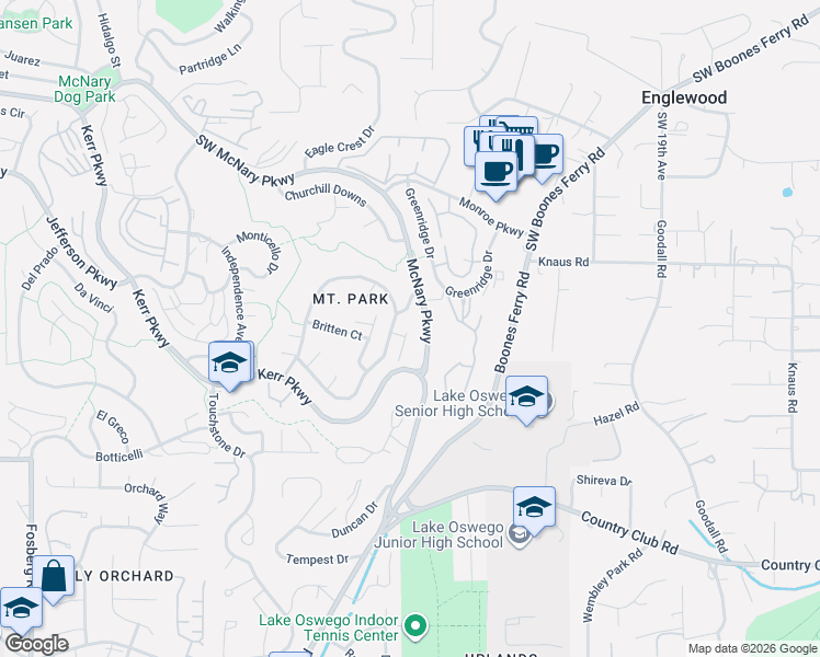 map of restaurants, bars, coffee shops, grocery stores, and more near 2 Offenbach Place in Lake Oswego