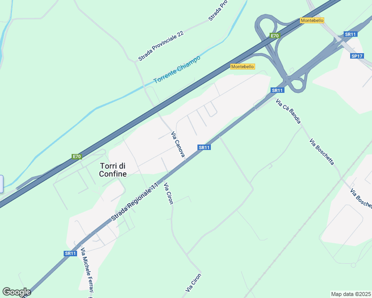 map of restaurants, bars, coffee shops, grocery stores, and more near 26 Strada Regionale 11 in Torri di Confine