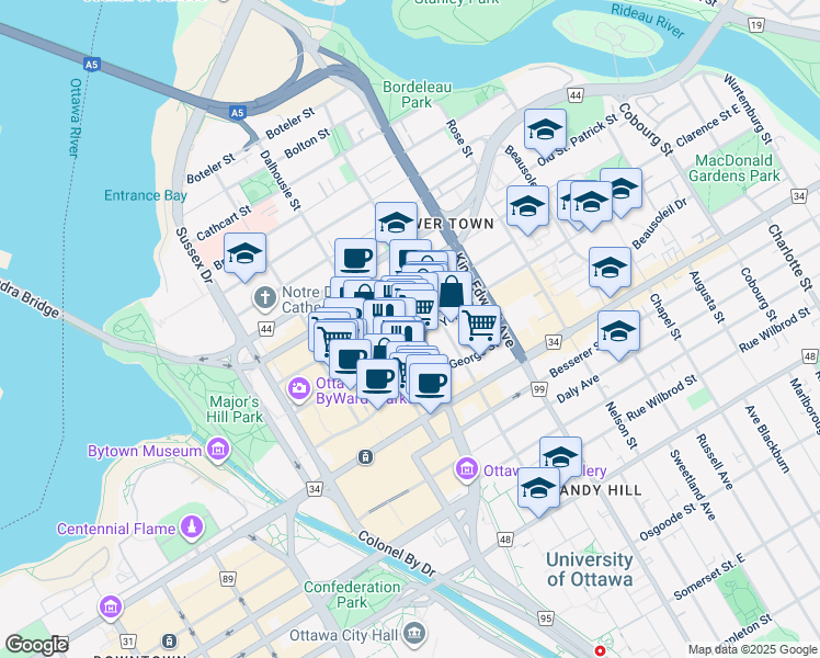 map of restaurants, bars, coffee shops, grocery stores, and more near 135 York Street in Ottawa