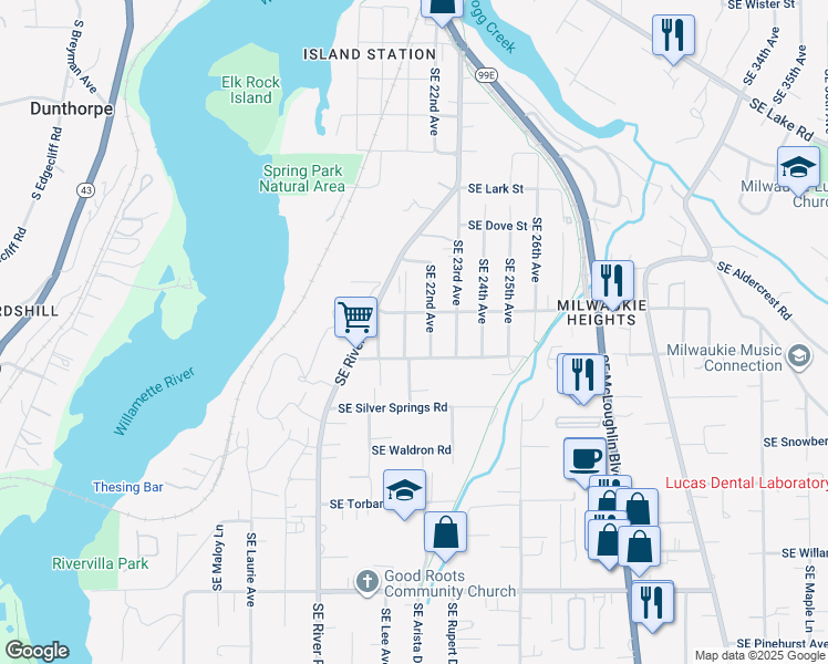 map of restaurants, bars, coffee shops, grocery stores, and more near 12965 Southeast 22nd Avenue in Milwaukie