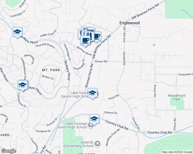 map of restaurants, bars, coffee shops, grocery stores, and more near 13200 Thoma Road in Lake Oswego