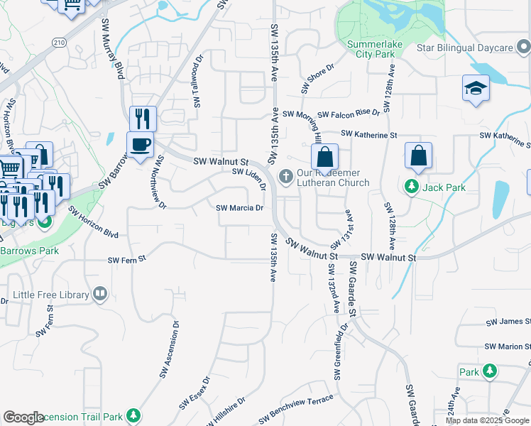 map of restaurants, bars, coffee shops, grocery stores, and more near 13590 Southwest Walnut Lane in Tigard
