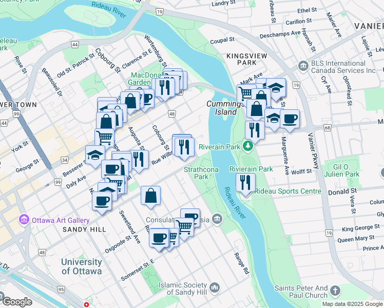 map of restaurants, bars, coffee shops, grocery stores, and more near 467 Laurier Avenue East in Ottawa
