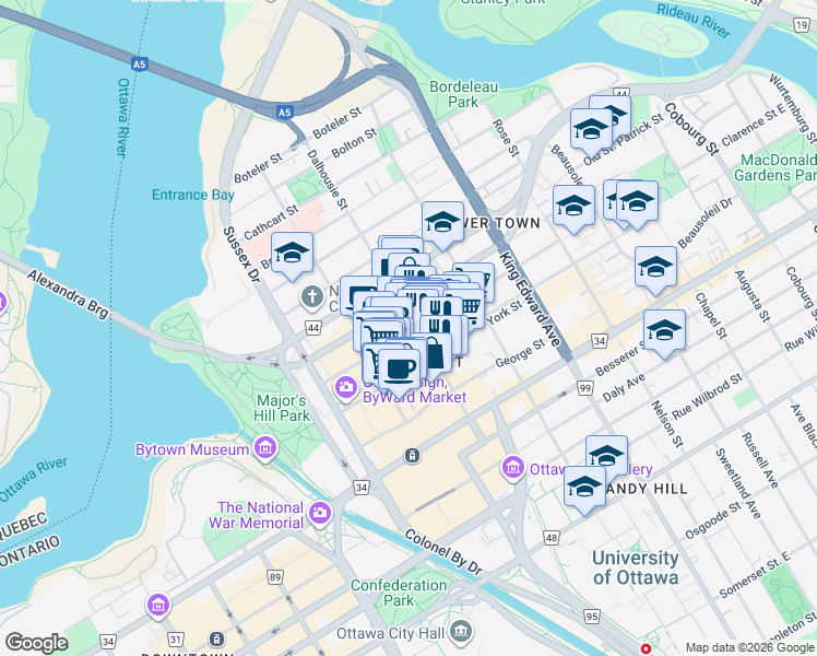 map of restaurants, bars, coffee shops, grocery stores, and more near 119 Clarence Street in Ottawa