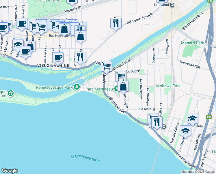 map of restaurants, bars, coffee shops, grocery stores, and more near 165 Rue Lyette in Montreal