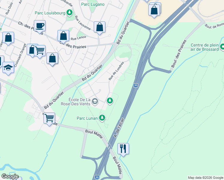 map of restaurants, bars, coffee shops, grocery stores, and more near 7085 Rue de Lunan in Brossard