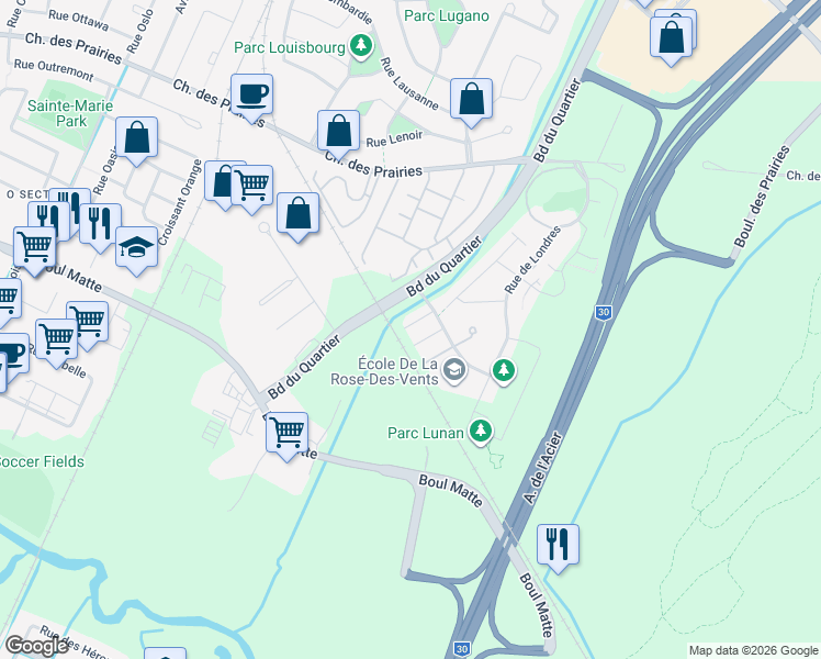 map of restaurants, bars, coffee shops, grocery stores, and more near 2235 Rue De Lyne in Brossard