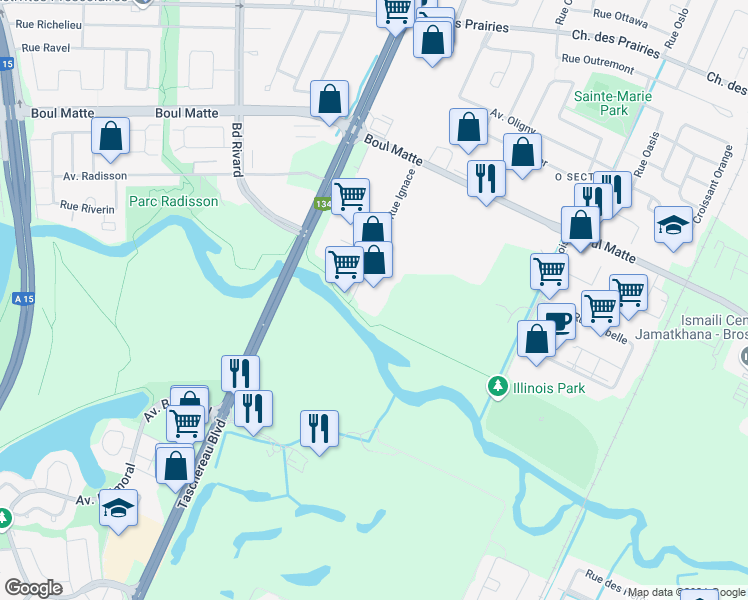 map of restaurants, bars, coffee shops, grocery stores, and more near 9655 Rue Ignace in Brossard