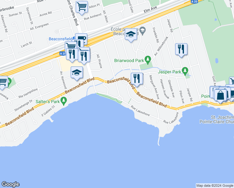 map of restaurants, bars, coffee shops, grocery stores, and more near 71 Chemin Lakeshore in Beaconsfield