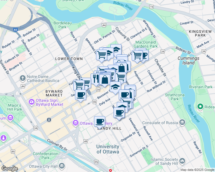 map of restaurants, bars, coffee shops, grocery stores, and more near 320 Besserer Street in Ottawa