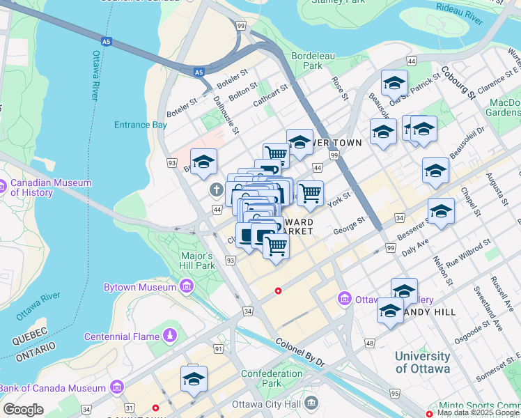 map of restaurants, bars, coffee shops, grocery stores, and more near 92 Clarence Street in Ottawa