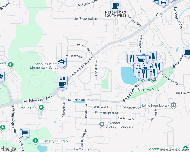 map of restaurants, bars, coffee shops, grocery stores, and more near 12435 Southwest 158th Avenue in Beaverton