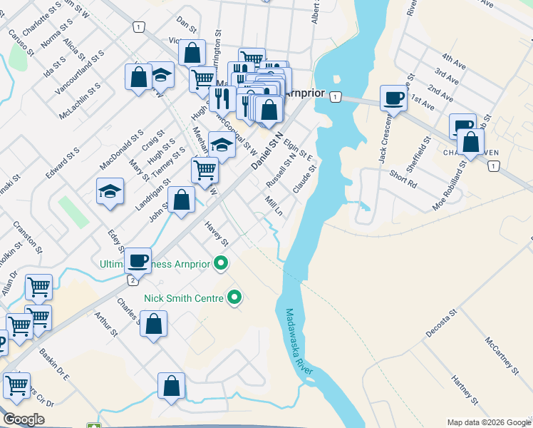 map of restaurants, bars, coffee shops, grocery stores, and more near 46 Thomas Street North in Arnprior