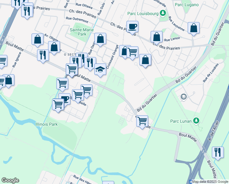map of restaurants, bars, coffee shops, grocery stores, and more near Boulevard Matte in Brossard