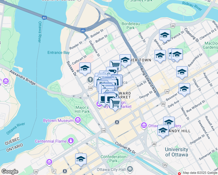 map of restaurants, bars, coffee shops, grocery stores, and more near 100 Murray Street in Ottawa