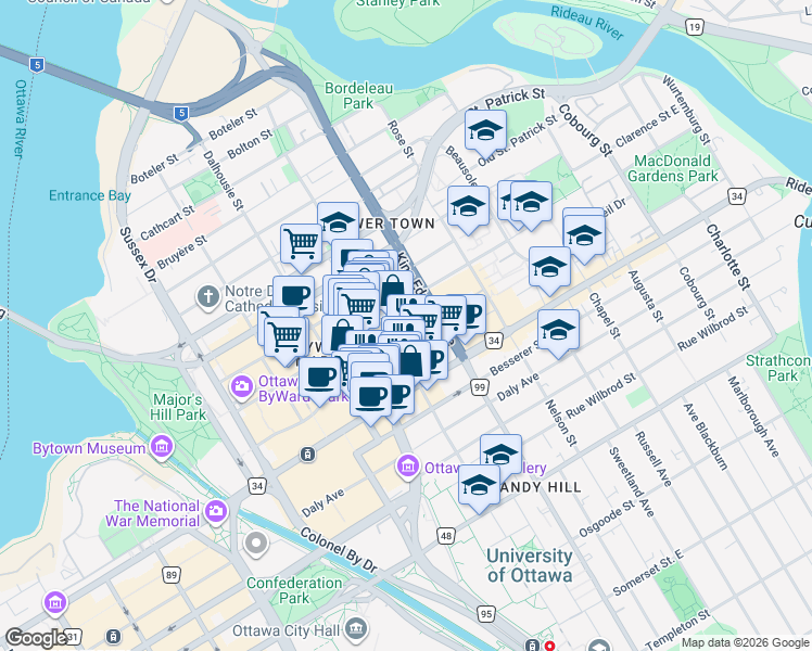 map of restaurants, bars, coffee shops, grocery stores, and more near 350 King Edward Avenue in Ottawa