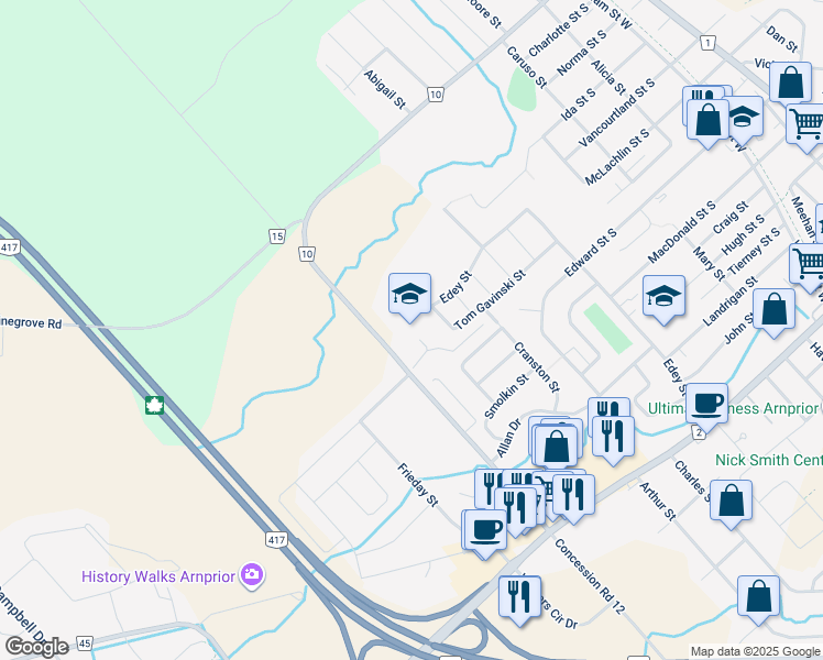 map of restaurants, bars, coffee shops, grocery stores, and more near 225 Baskin Drive West in Arnprior