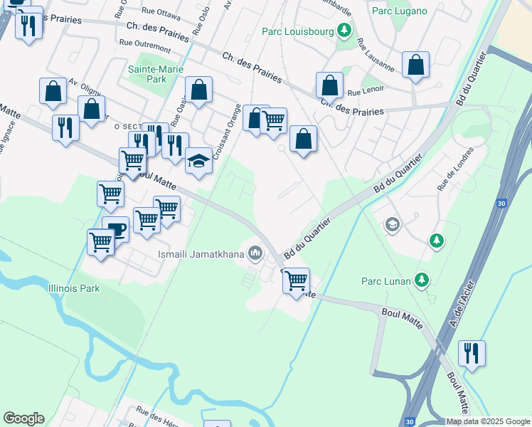 map of restaurants, bars, coffee shops, grocery stores, and more near 3850 Boulevard Matte in Brossard