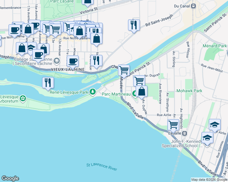 map of restaurants, bars, coffee shops, grocery stores, and more near 80 Chemin de LaSalle in Montréal