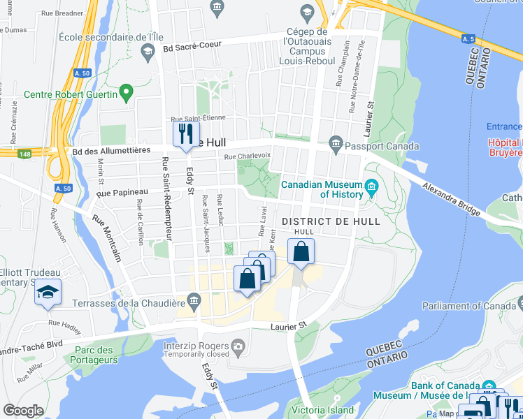 map of restaurants, bars, coffee shops, grocery stores, and more near 119 Rue Laval in Gatineau