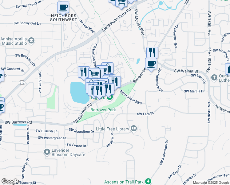 map of restaurants, bars, coffee shops, grocery stores, and more near 14950 Southwest Barrows Road in Beaverton