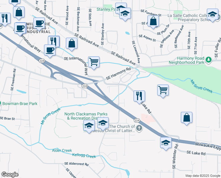 map of restaurants, bars, coffee shops, grocery stores, and more near 12929 Southeast Rusk Road in Milwaukie