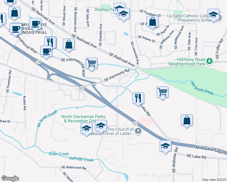 map of restaurants, bars, coffee shops, grocery stores, and more near 12929 Southeast Rusk Road in Milwaukie