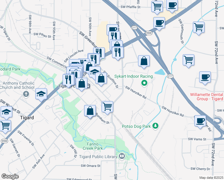 map of restaurants, bars, coffee shops, grocery stores, and more near 8610 Southwest Scoffins Street in Tigard