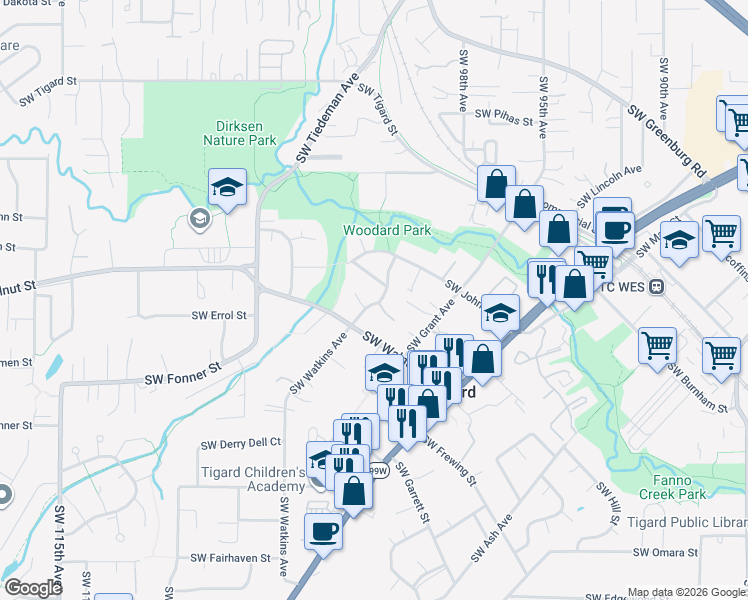 map of restaurants, bars, coffee shops, grocery stores, and more near 10275 Southwest Walnut Street in Tigard