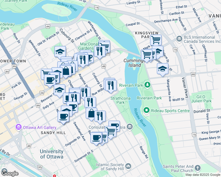 map of restaurants, bars, coffee shops, grocery stores, and more near in Ottawa