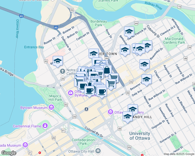 map of restaurants, bars, coffee shops, grocery stores, and more near 126 York Street in Ottawa