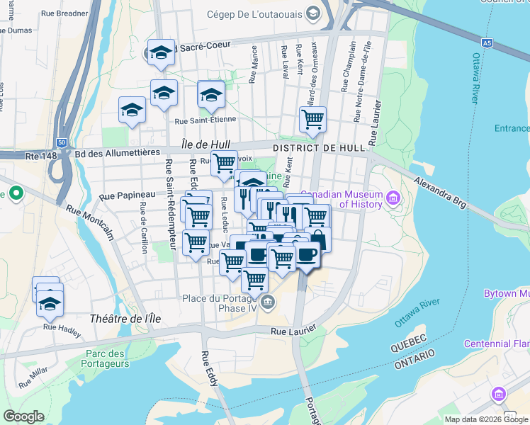 map of restaurants, bars, coffee shops, grocery stores, and more near 119 Rue Laval in Gatineau