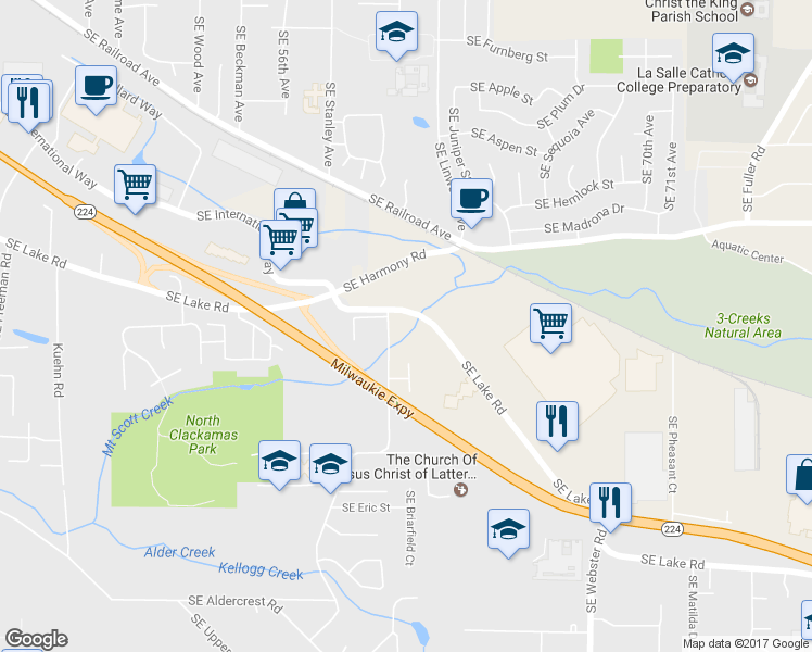 map of restaurants, bars, coffee shops, grocery stores, and more near 6188 Southeast Lake Road in Milwaukie