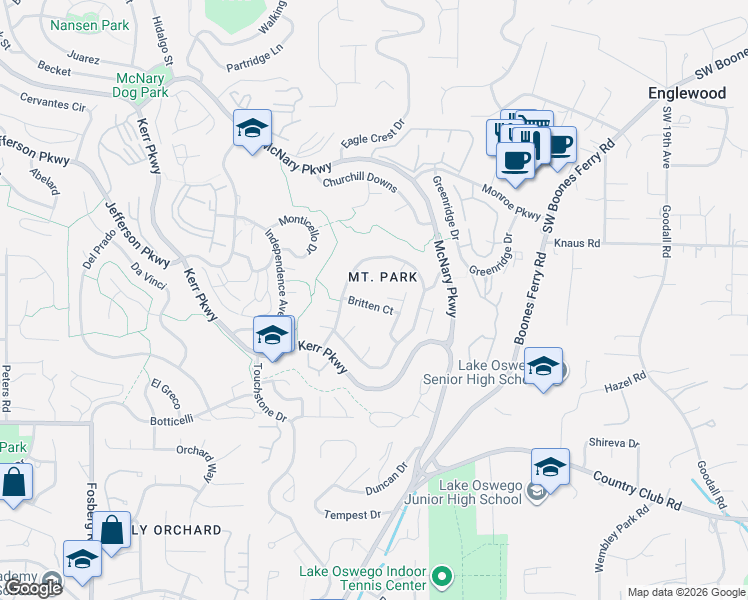 map of restaurants, bars, coffee shops, grocery stores, and more near 9 Britten Court in Lake Oswego