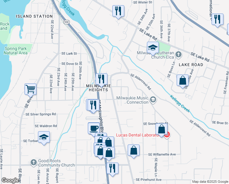map of restaurants, bars, coffee shops, grocery stores, and more near 12876 Southeast Oatfield Road in Milwaukie