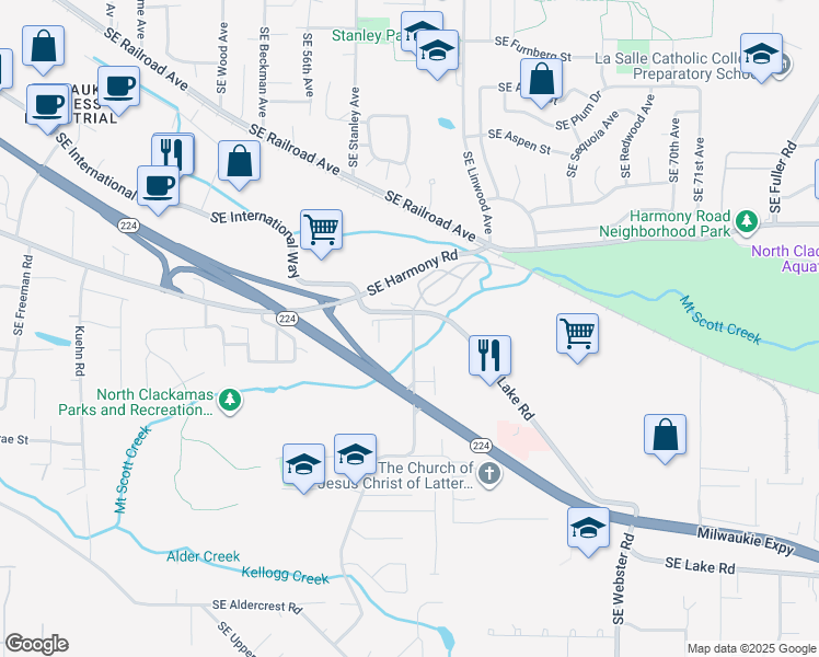 map of restaurants, bars, coffee shops, grocery stores, and more near 5986 Southeast Weiko Way in Milwaukie