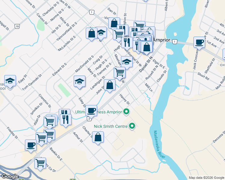 map of restaurants, bars, coffee shops, grocery stores, and more near 31 Daniel Street South in Arnprior