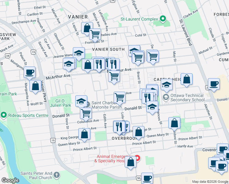 map of restaurants, bars, coffee shops, grocery stores, and more near in Ottawa