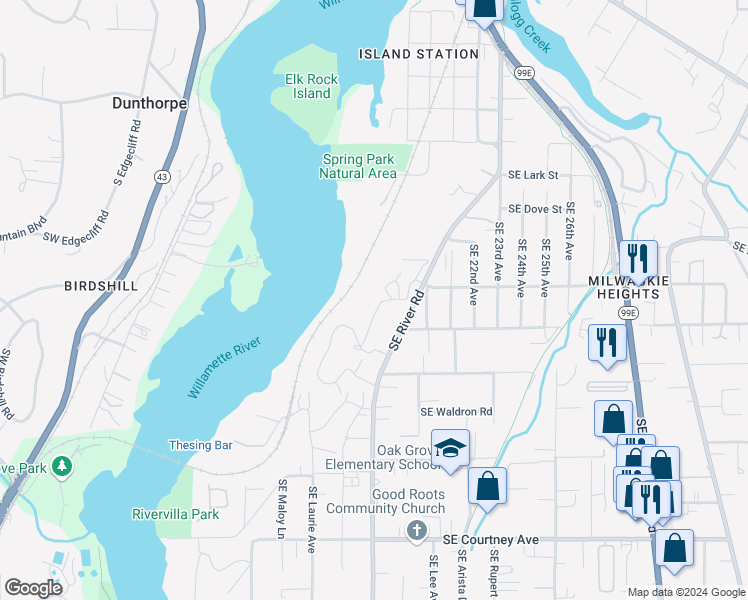 map of restaurants, bars, coffee shops, grocery stores, and more near 12705 Southeast River Road in Oak Grove