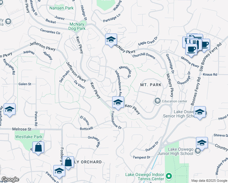 map of restaurants, bars, coffee shops, grocery stores, and more near 7 Mount Jefferson Terrace in Lake Oswego