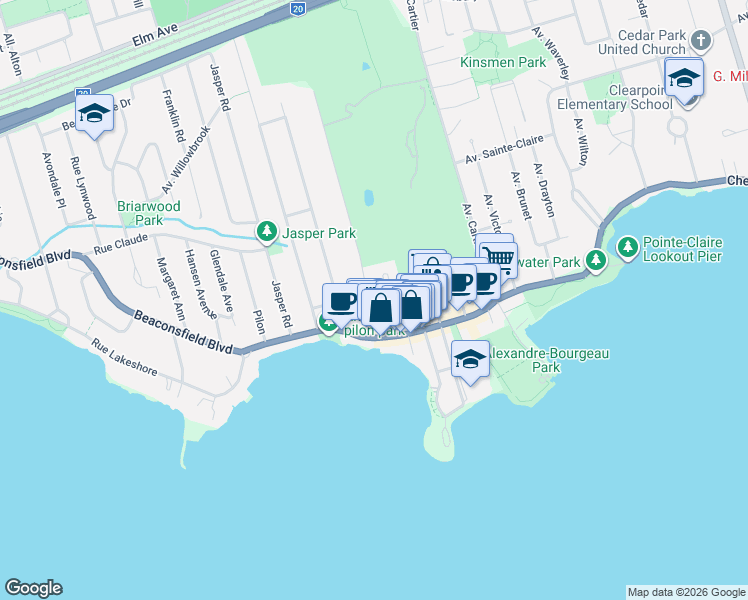 map of restaurants, bars, coffee shops, grocery stores, and more near 9 Avenue du Golf in Pointe-Claire